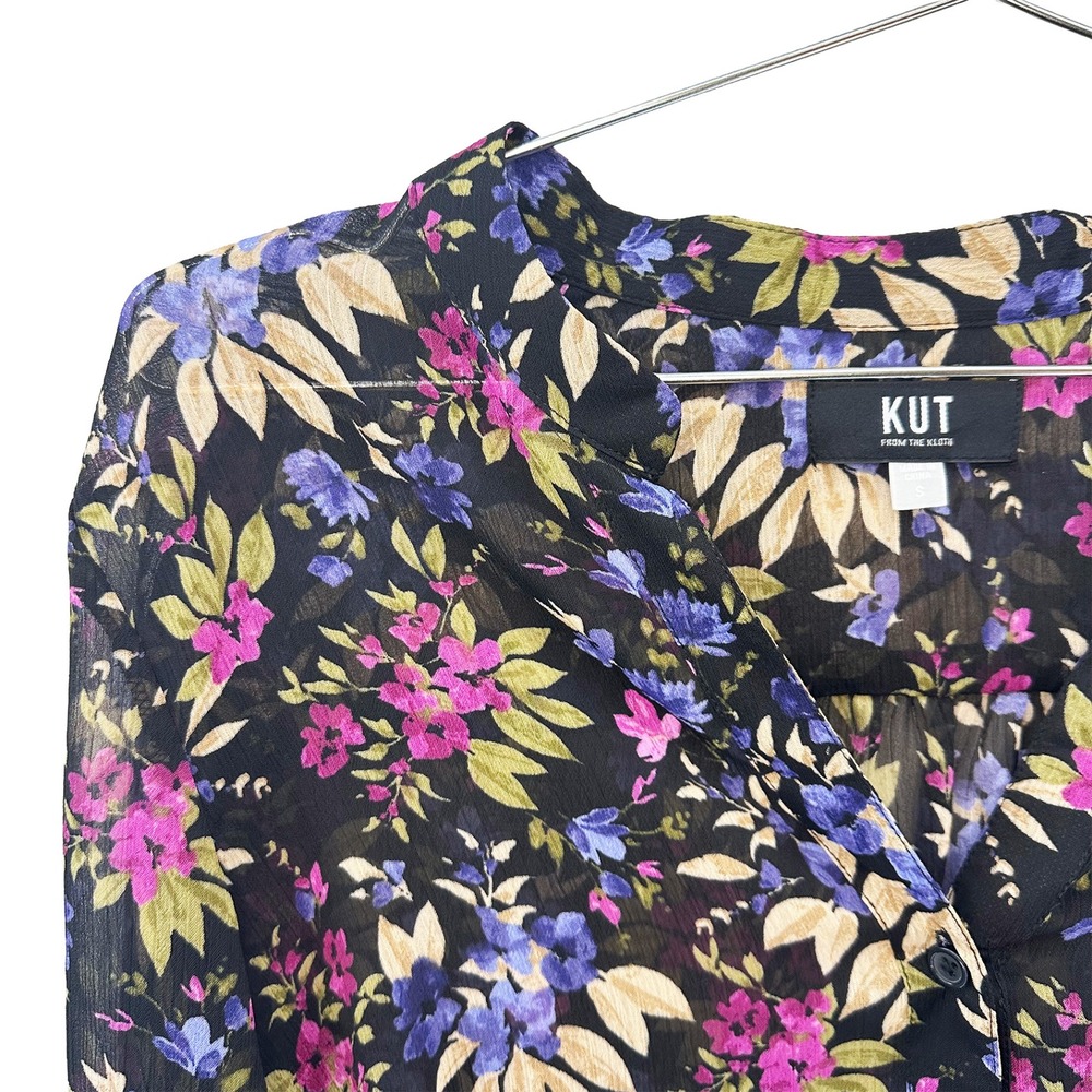 KUT FROM THE CLOTH Sheer Floral Button Up Blouse • Small • black, purple, pink - Picture 2 of 6